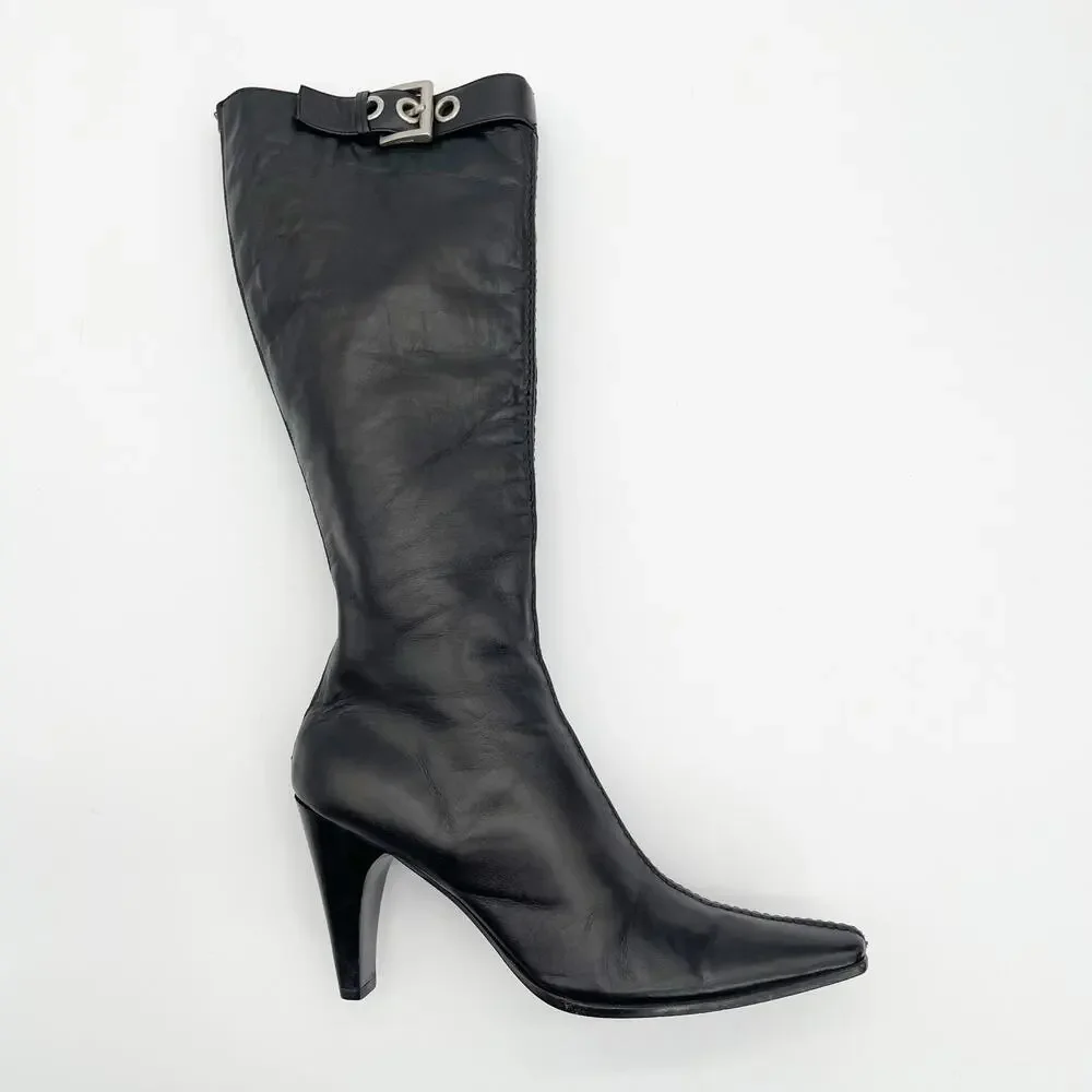 Vintage Prada Black Leather Square Toe Heeled Knee High Italian Boots 90s IT 36 - Picture 2 of 14
